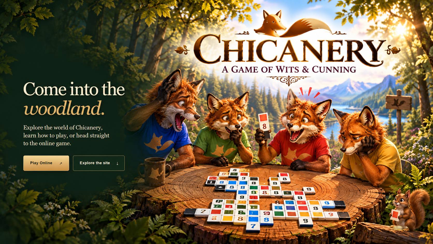 Four foxes playing Chicanery in a woodland, beneath the large Chicanery logo.